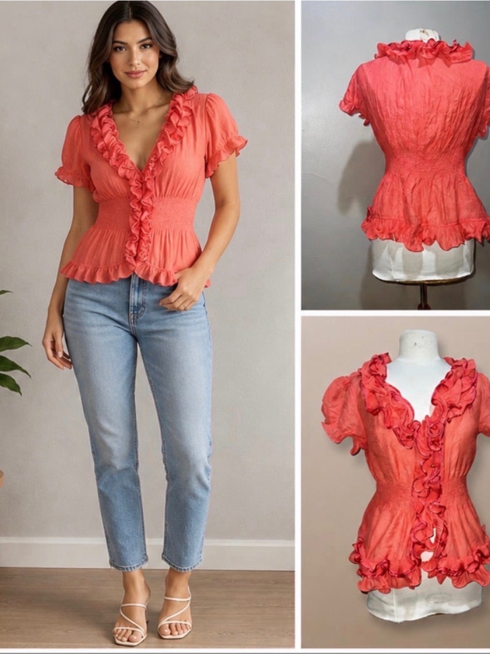 Summer casual coral red button down shirt blouse top trendy party dressy